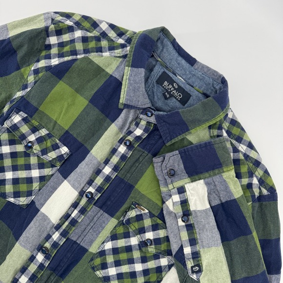 Buffalo David Bitton Shirt Mens XL Pearl Snap Plaid Green Blue Full Zip Long - Picture 1 of 13